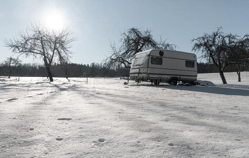 snowy-landscape-sunrise-orchard-camper-van-winter-scenery-parked-sunny-snow-covered-ground-blue-sky-230029640